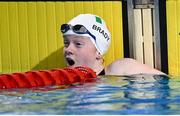 25 April 2024; Dearbhaile Brady of Ireland reacts upon seeing her finishing position of third on the screen in the Women's 50m Freestyle S6 Final during day five of the Para Swimming European Championships at the Penteada Olympic Pools Complex in Funchal, Portugal. Photo by Ramsey Cardy/Sportsfile