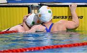 25 April 2024; Third placed Dearbhaile Brady, left, is congratulated by Ireland teammate, and joint race winner, Nicole Turner after the Women's 50m Freestyle S6 Final during day five of the Para Swimming European Championships at the Penteada Olympic Pools Complex in Funchal, Portugal. Photo by Ramsey Cardy/Sportsfile