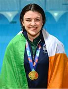 25 April 2024; Nicole Turner of Ireland with her gold medal from the Women's 50m Freestyle S6 Final during day five of the Para Swimming European Championships at the Penteada Olympic Pools Complex in Funchal, Portugal. Photo by Ramsey Cardy/Sportsfile