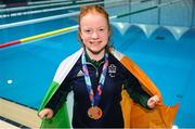 25 April 2024; Dearbhaile Brady of Ireland with her bronze medal after the Women's 50m Freestyle S6 Final during day five of the Para Swimming European Championships at the Penteada Olympic Pools Complex in Funchal, Portugal. Photo by Ramsey Cardy/Sportsfile