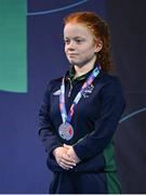 25 April 2024; Dearbhaile Brady of Ireland on the podium with her bronze medal after the Women's 50m Freestyle S6 Final during day five of the Para Swimming European Championships at the Penteada Olympic Pools Complex in Funchal, Portugal. Photo by Ramsey Cardy/Sportsfile