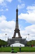 18 April 2024; Construction of stands at the Eiffel Tower Stadium that will host the Beach Volleyball and Men's Blind Football competitions continues ahead of the XXXIII Summer Olympic Games which takes place in July and August in France. Photo by Brendan Moran/Sportsfile