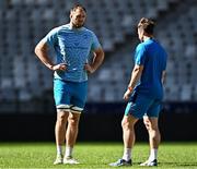 26 April 2024; Jason Jenkins speaks to Elite player development officer Kieran Hallett during a Leinster Rugby captain's run at the DHL Stadium in Cape Town, South Africa. Photo by Harry Murphy/Sportsfile