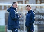 26 April 2024; Sligo Rovers manager John Russell, right, and assistant manager Ryan Casey before the SSE Airtricity Men's Premier Division match between Drogheda United and Sligo Rovers at Weavers Park in Drogheda, Louth. Photo by Shauna Clinton/Sportsfile