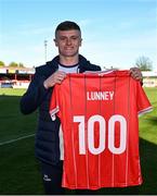 26 April 2024; JJ Lunney of Shelbourne with a jersey to mark his 100th cap before the SSE Airtricity Men's Premier Division match between Shelbourne and St Patrick's Athletic at Tolka Park in Dublin. Photo by David Fitzgerald/Sportsfile