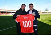 26 April 2024; Shelbourne manager Damien Duff presents a jersey to JJ Lunney to mark his 100th cap before the SSE Airtricity Men's Premier Division match between Shelbourne and St Patrick's Athletic at Tolka Park in Dublin. Photo by David Fitzgerald/Sportsfile