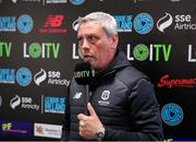 26 April 2024; Waterford head coach Keith Long is interviewed by LOITV before the SSE Airtricity Men's Premier Division match between Waterford and Derry City at Regional Sports Centre in Waterford. Photo by Michael P Ryan/Sportsfile