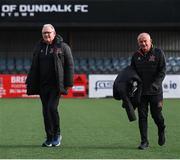 26 April 2024; Dundalk manager Noel King, right, and Dave Mackey before the SSE Airtricity Men's Premier Division match between Dundalk and Bohemians at Oriel Park in Dundalk, Louth. Photo by Stephen McCarthy/Sportsfile