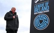26 April 2024; Dundalk manager Noel King speaks to LOI TV before the SSE Airtricity Men's Premier Division match between Dundalk and Bohemians at Oriel Park in Dundalk, Louth. Photo by Stephen McCarthy/Sportsfile