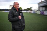 26 April 2024; Dundalk manager Noel King speaks to LOI TV before the SSE Airtricity Men's Premier Division match between Dundalk and Bohemians at Oriel Park in Dundalk, Louth. Photo by Stephen McCarthy/Sportsfile