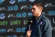 26 April 2024; Sligo Rovers manager John Russell is interviewed by LOI TV before the SSE Airtricity Men's Premier Division match between Drogheda United and Sligo Rovers at Weavers Park in Drogheda, Louth. Photo by Shauna Clinton/Sportsfile