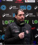 26 April 2024; Derry City manager Ruaidhrí Higgins is interviewed by LOITV before the SSE Airtricity Men's Premier Division match between Waterford and Derry City at Regional Sports Centre in Waterford. Photo by Michael P Ryan/Sportsfile