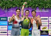 26 April 2024; Rhys McClenaghan of Ireland, centre, as he finished first, ahead of Loran de Munck of the Netherlands, left, in second and Marios Georgiou of Cyprus in third, after the Men's Senior Pommel Horse Final on day three of the 2024 Men's Artistic Gymnastics European Championships at Fiera di Rimini in Rimini, Italy. Photo by Filippo Tomasi/Sportsfile