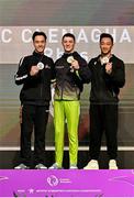 26 April 2024; Rhys McClenaghan of Ireland, centre, celebrates with his gold medal, Loran de Munck of the Netherlands, left, with his silver medal and Marios Georgiou of Cyprus with his bronze medal, after the Men's Senior Pommel Horse Final on day three of the 2024 Men's Artistic Gymnastics European Championships at Fiera di Rimini in Rimini, Italy. Photo by Filippo Tomasi/Sportsfile
