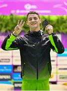 26 April 2024; Rhys McClenaghan of Ireland celebrate with his gold medal after winning the Men's Senior Pommel Horse Final on day three of the 2024 Men's Artistic Gymnastics European Championships at Fiera di Rimini in Rimini, Italy. Photo by Filippo Tomasi/Sportsfile