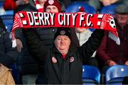 26 April 2024; Derry City supporter John Elliot before the SSE Airtricity Men's Premier Division match between Waterford and Derry City at Regional Sports Centre in Waterford. Photo by Michael P Ryan/Sportsfile