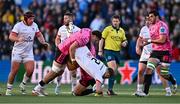 26 April 2024; Stuart McCloskey of Ulster is tackled by Scott Screafton, left, and Giacomo Nicotera of Benetton during the United Rugby Championship match between Ulster and Benetton at Kingspan Stadium in Belfast. Photo by Ben McShane/Sportsfile