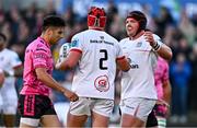 26 April 2024; Tom Stewart of Ulster celebrates with teammate Eric O'Sullivan, right, after scoring their side's first try during the United Rugby Championship match between Ulster and Benetton at Kingspan Stadium in Belfast. Photo by Ben McShane/Sportsfile