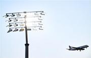 26 April 2024; A British Airways flight bound for George Best Belfast City Airport is seen during the United Rugby Championship match between Ulster and Benetton at Kingspan Stadium in Belfast. Photo by Ben McShane/Sportsfile