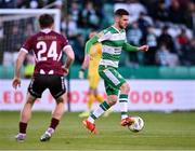26 April 2024; Dylan Watts of Shamrock Rovers in action against Edward McCarthy of Galway United during the SSE Airtricity Men's Premier Division match between Shamrock Rovers and Galway United at Tallaght Stadium in Dublin. Photo by Piaras Ó Mídheach/Sportsfile