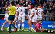 26 April 2024; Jacob Stockdale of Ulster celebrates with teammates after scoring their side's third try, as Jacob Umaga of Benetton reacts, during the United Rugby Championship match between Ulster and Benetton at Kingspan Stadium in Belfast. Photo by Ben McShane/Sportsfile