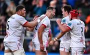 26 April 2024; Jacob Stockdale of Ulster celebrates with teammates, from left, Dave Ewers, Stuart McCloskey and Tom Stewart after scoring their side's third try during the United Rugby Championship match between Ulster and Benetton at Kingspan Stadium in Belfast. Photo by Ben McShane/Sportsfile