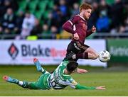 26 April 2024; Aodh Dervin of Galway United is fouled by Trevor Clarke of Shamrock Rovers during the SSE Airtricity Men's Premier Division match between Shamrock Rovers and Galway United at Tallaght Stadium in Dublin. Photo by Piaras Ó Mídheach/Sportsfile