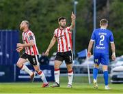 26 April 2024; Patrick Hoban of Derry City reacts to having a goal disallowed for offside during the SSE Airtricity Men's Premier Division match between Waterford and Derry City at Regional Sports Centre in Waterford. Photo by Michael P Ryan/Sportsfile