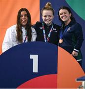 25 April 2024; On the podium after the Women's 100m Breaststroke SB6 Final, Evelin Szaraz of Hungary, second place; Maisie Summers-Newton of Great Britain, first place; and Nicole Turner of Ireland, third place; during day six of the Para Swimming European Championships at the Penteada Olympic Pools Complex in Funchal, Portugal. Photo by Ramsey Cardy/Sportsfile