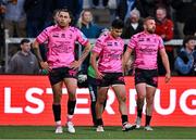 26 April 2024; Benetton players, from left, Jacob Umaga, Tomas Albornoz and Andy Uren react after their side concede their fourth try during the United Rugby Championship match between Ulster and Benetton at Kingspan Stadium in Belfast. Photo by Ben McShane/Sportsfile