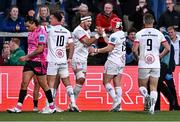 26 April 2024; Will Addison of Ulster celebrates with teammate Mike Lowry, right, after scoring their side's fourth try during the United Rugby Championship match between Ulster and Benetton at Kingspan Stadium in Belfast. Photo by Ben McShane/Sportsfile