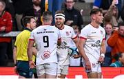 26 April 2024; Will Addison of Ulster celebrates with teammate John Cooney, left, after scoring their side's fourth try during the United Rugby Championship match between Ulster and Benetton at Kingspan Stadium in Belfast. Photo by Ben McShane/Sportsfile