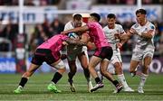 26 April 2024; Stuart McCloskey of Ulster is tackled by Marco Zanon, left, and Tomas Albornoz of Benetton during the United Rugby Championship match between Ulster and Benetton at Kingspan Stadium in Belfast. Photo by Ben McShane/Sportsfile
