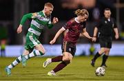 26 April 2024; David Hurley of Galway United in action against Darragh Nugent of Shamrock Rovers during the SSE Airtricity Men's Premier Division match between Shamrock Rovers and Galway United at Tallaght Stadium in Dublin. Photo by Piaras Ó Mídheach/Sportsfile