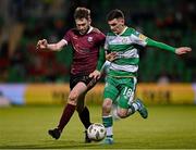 26 April 2024; Karl O'Sullivan of Galway United in action against Trevor Clarke of Shamrock Rovers during the SSE Airtricity Men's Premier Division match between Shamrock Rovers and Galway United at Tallaght Stadium in Dublin. Photo by Piaras Ó Mídheach/Sportsfile