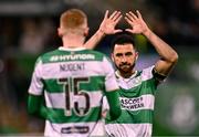 26 April 2024; Roberto Lopes of Shamrock Rovers celebrates with team-mate Darragh Nugent, 15, during the SSE Airtricity Men's Premier Division match between Shamrock Rovers and Galway United at Tallaght Stadium in Dublin. Photo by Piaras Ó Mídheach/Sportsfile