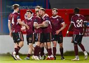 26 April 2024; Stephen Walsh of Galway United, centre, celebrates with team-mates after scoring their side's first goal during the SSE Airtricity Men's Premier Division match between Shamrock Rovers and Galway United at Tallaght Stadium in Dublin. Photo by Piaras Ó Mídheach/Sportsfile