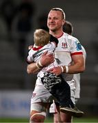 26 April 2024; Luke Marshall of Ulster celebrates with his son Isaiah, age 3, during the United Rugby Championship match between Ulster and Benetton at Kingspan Stadium in Belfast. Photo by Ben McShane/Sportsfile