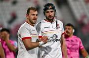 26 April 2024; Greg Jones, right, and Will Addison of Ulster celebrate after the United Rugby Championship match between Ulster and Benetton at Kingspan Stadium in Belfast. Photo by Ben McShane/Sportsfile