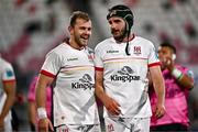 26 April 2024; Greg Jones, right, and Will Addison of Ulster celebrate after the United Rugby Championship match between Ulster and Benetton at Kingspan Stadium in Belfast. Photo by Ben McShane/Sportsfile