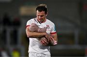 26 April 2024; Jacob Stockdale of Ulster celebrates with his daughter Bonnie, age 8 weeks, during the United Rugby Championship match between Ulster and Benetton at Kingspan Stadium in Belfast. Photo by Ben McShane/Sportsfile