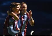 26 April 2024; Aaron McNally of Drogheda United, left, celebrates with teammate Gary Deegan after scoring his side's third goal during the SSE Airtricity Men's Premier Division match between Drogheda United and Sligo Rovers at Weavers Park in Drogheda, Louth. Photo by Shauna Clinton/Sportsfile