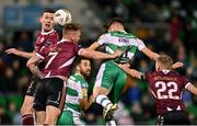 26 April 2024; Johnny Kenny of Shamrock Rovers heads goalwards to score hs side's first goal during the SSE Airtricity Men's Premier Division match between Shamrock Rovers and Galway United at Tallaght Stadium in Dublin. Photo by Piaras Ó Mídheach/Sportsfile