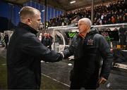 26 April 2024; Dundalk manager Noel King, right, shakes hands with Bohemians manager Alan Reynolds after the SSE Airtricity Men's Premier Division match between Dundalk and Bohemians at Oriel Park in Dundalk, Louth. Photo by Stephen McCarthy/Sportsfile