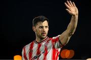 26 April 2024; Patrick Hoban of Derry City salutes the Derry City supporters after the SSE Airtricity Men's Premier Division match between Waterford and Derry City at Regional Sports Centre in Waterford. Photo by Michael P Ryan/Sportsfile