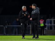 26 April 2024; Waterford head coach Keith Long in conversation with Derry City manager Ruaidhrí Higgins after the SSE Airtricity Men's Premier Division match between Waterford and Derry City at Regional Sports Centre in Waterford. Photo by Michael P Ryan/Sportsfile