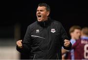 26 April 2024; Drogheda United manager Kevin Doherty reacts after his side's victory in the SSE Airtricity Men's Premier Division match between Drogheda United and Sligo Rovers at Weavers Park in Drogheda, Louth. Photo by Shauna Clinton/Sportsfile