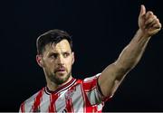 26 April 2024; Patrick Hoban of Derry City salutes the Derry City supporters after the SSE Airtricity Men's Premier Division match between Waterford and Derry City at Regional Sports Centre in Waterford. Photo by Michael P Ryan/Sportsfile
