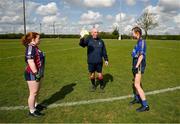 27 April 2024; Referee explains the rules dice before the game between Kilshannig LGFA club in Cork and Ardfinnan LGFA club in Tipperary during the 2024 ZuCar Gaelic4Teens Festival Day at Faithful Fields Offaly GAA Centre of Excellence in Kilcormac, Offaly. Photo by Brendan Moran/Sportsfile
