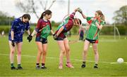 27 April 2024; Participants from Goldsmiths LGFA club in Westmeath and Carnacon LGFA club in Mayo during the 2024 ZuCar Gaelic4Teens Festival Day at Faithful Fields Offaly GAA Centre of Excellence in Kilcormac, Offaly. Photo by Brendan Moran/Sportsfile